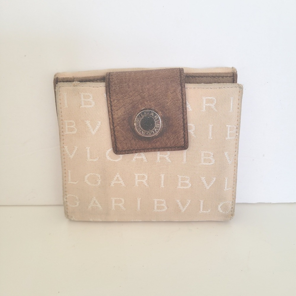Bvlgari Logomania Tri-Fold Wallet Beige Canvas Brown Leather Logo Print Small